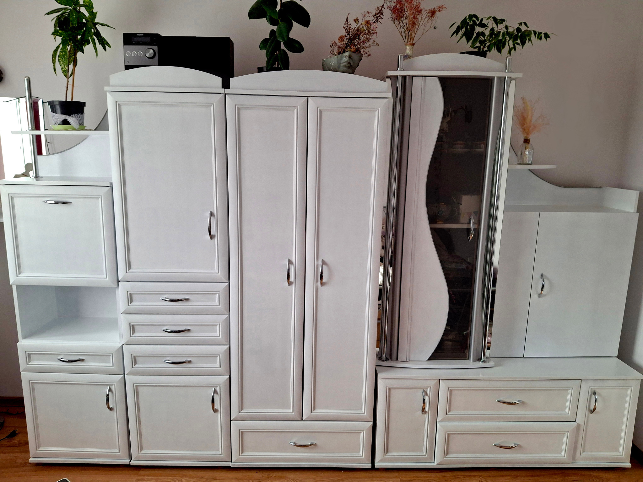 Biała meblościanka z szafkami, szufladami i półkami, udekorowana roślinami doniczkowymi i suszonymi kwiatami.