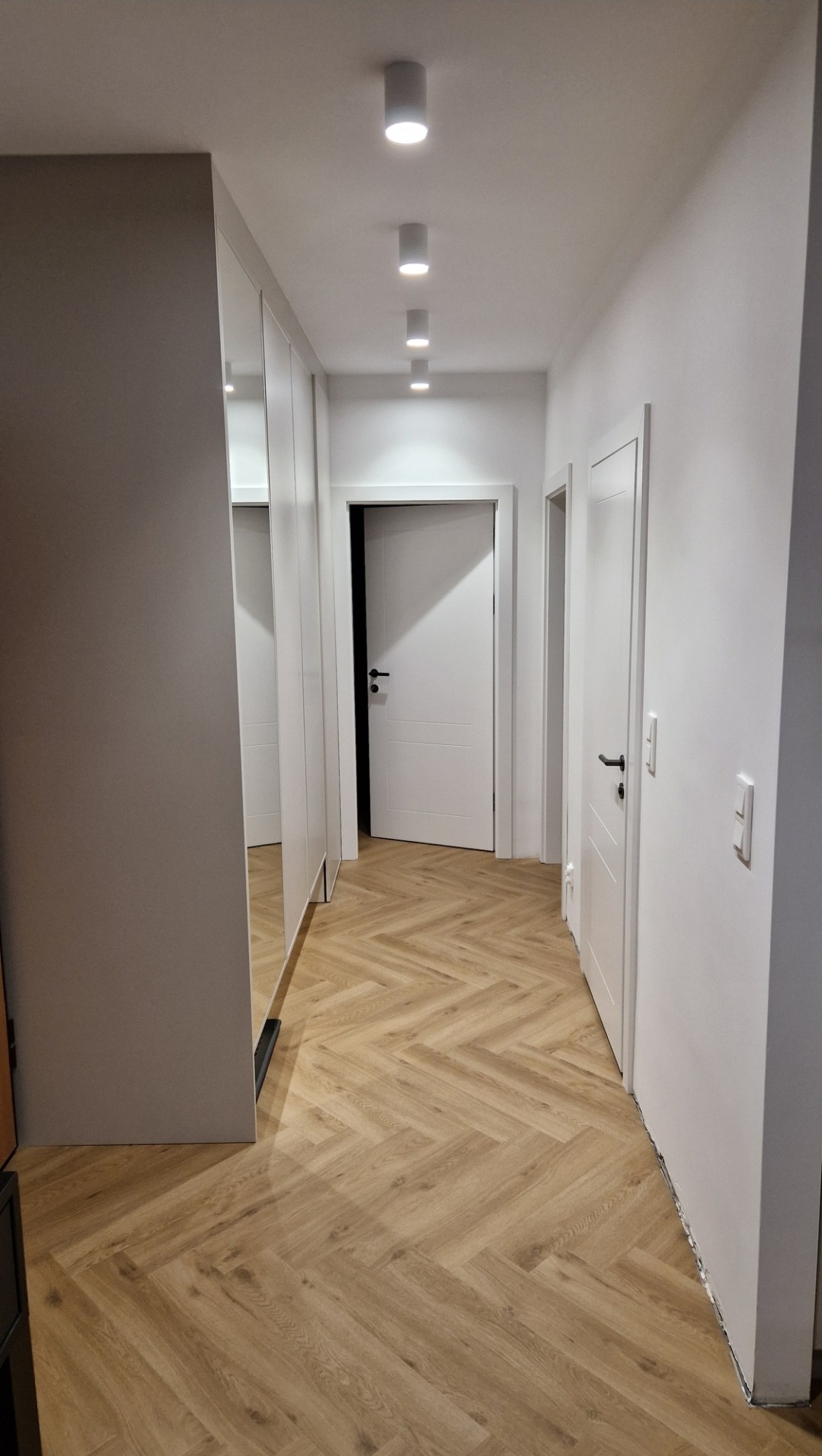 Nowoczesny korytarz z parkietem ułożonym w jodełkę, oświetleniem sufitowym typu downlight i białymi drzwiami.