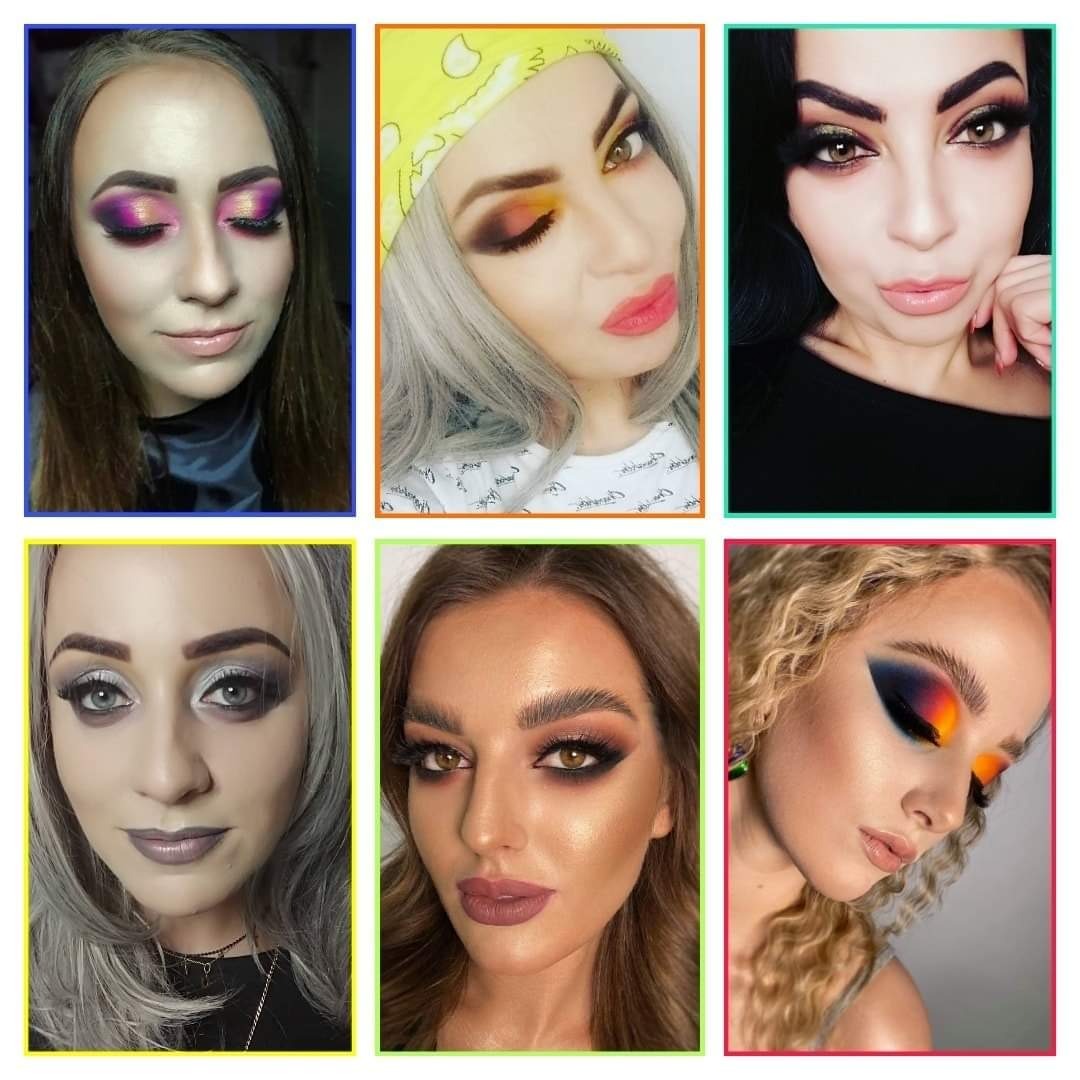 Kolaż sześciu portretów kobiet z różnymi stylizacjami oczu: fioletowe cienie, pomarańczowo-żółte barwy, mocne smoky eye, srebrzyste odcienie, brązowe tony i gradient pomarańczowo-granatowy.