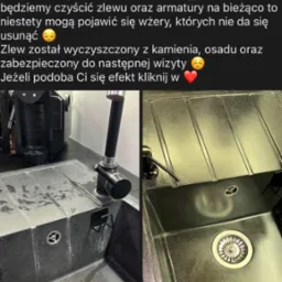 Porównanie stanu zlewu przed i po czyszczeniu: po lewej stronie zlew z osadem i zaciekami, po prawej lśniący czystością i zabezpieczony zlew z czarną armaturą.