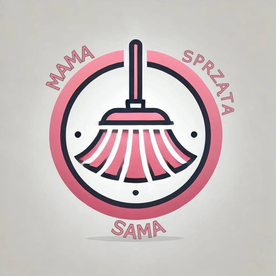 Różowo-czarne logo firmy sprzątającej z stylizowaną miotłą w okręgu i napisem 'Mama Sprząta Sama'.