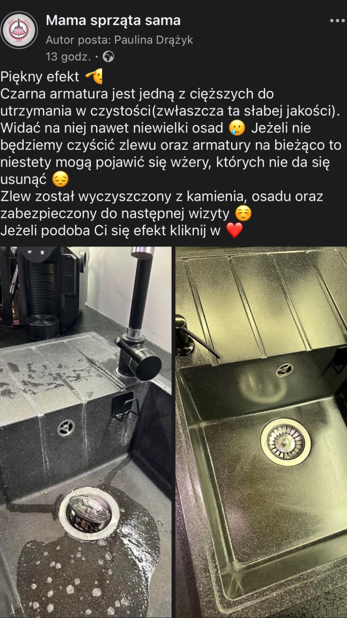Porównanie stanu zlewu przed i po czyszczeniu: po lewej stronie zlew z osadem i zaciekami, po prawej lśniący czystością i zabezpieczony zlew z czarną armaturą.