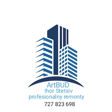 Logo firmy ArtBUD z motywem trzech budynków w odcieniach niebieskiego, nazwa firmy, imię i nazwisko oraz numer telefonu na białym tle.