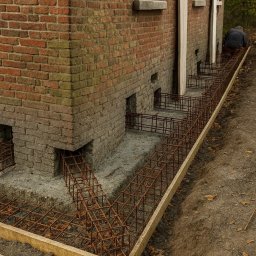 AP-TECH BUDOWNICTWO - Zbrojenie fundamentów budynku z cegły, widoczne stalowe pręty i szalunek. Częściowo odsłonięte fundamenty z otworami wentylacyjnymi. Prace przygotowawcze do izolacji.