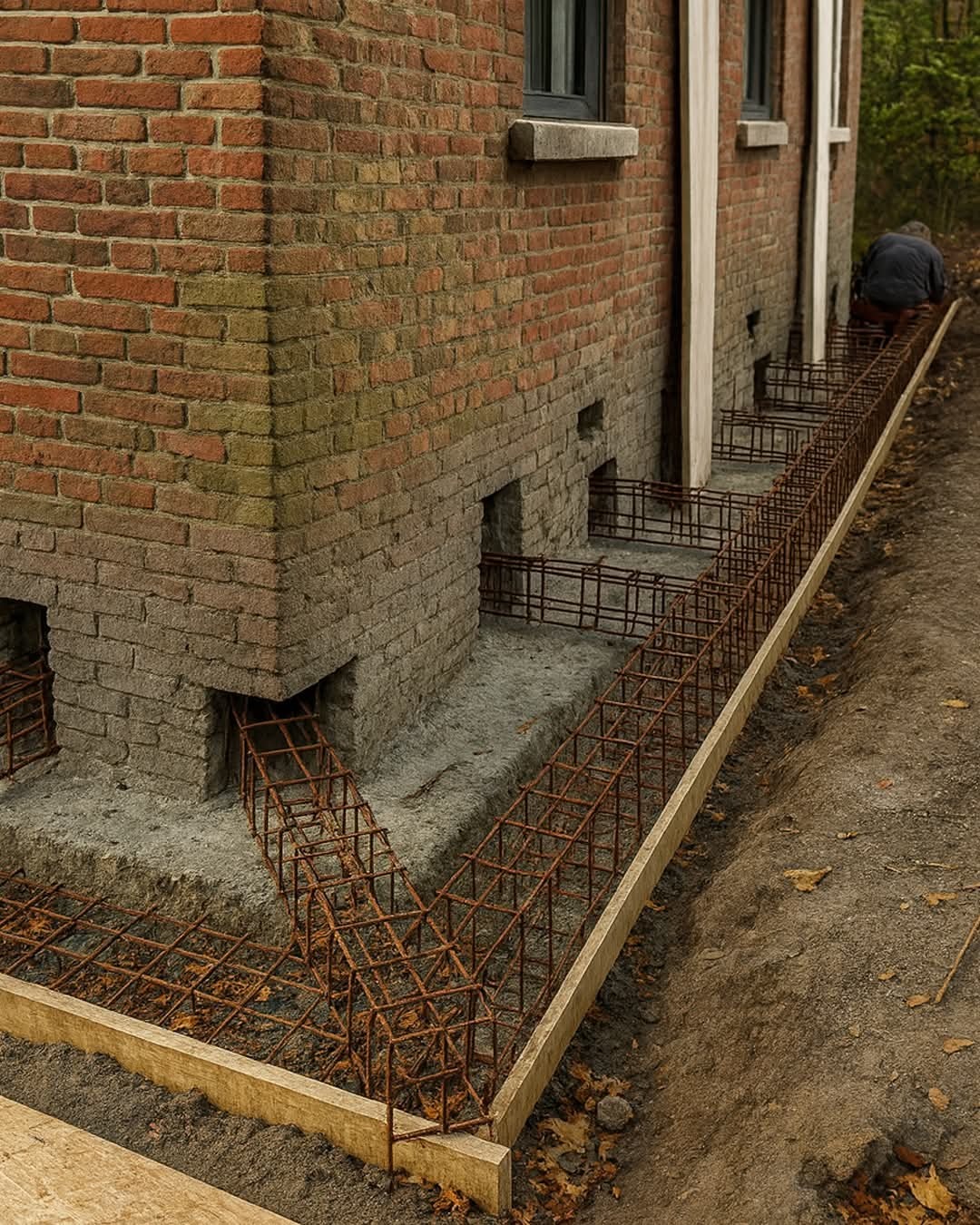 Zbrojenie fundamentów budynku z cegły, widoczne stalowe pręty i szalunek. Częściowo odsłonięte fundamenty z otworami wentylacyjnymi. Prace przygotowawcze do izolacji.