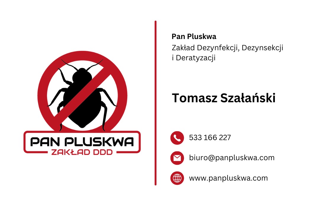 Wizytówka firmy 'Pan Pluskwa' z logotypem przekreślonej pluskwy, danymi kontaktowymi i informacją o świadczeniu usług dezynfekcji, dezynsekcji i deratyzacji.
