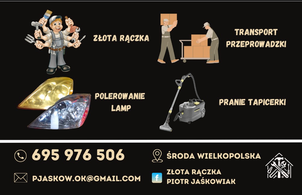Grafika reklamowa firmy 'Złota Rączka' oferującej transport, pranie tapicerki i polerowanie lamp. Widoczne ikony i teksty informacyjne na czarnym tle.