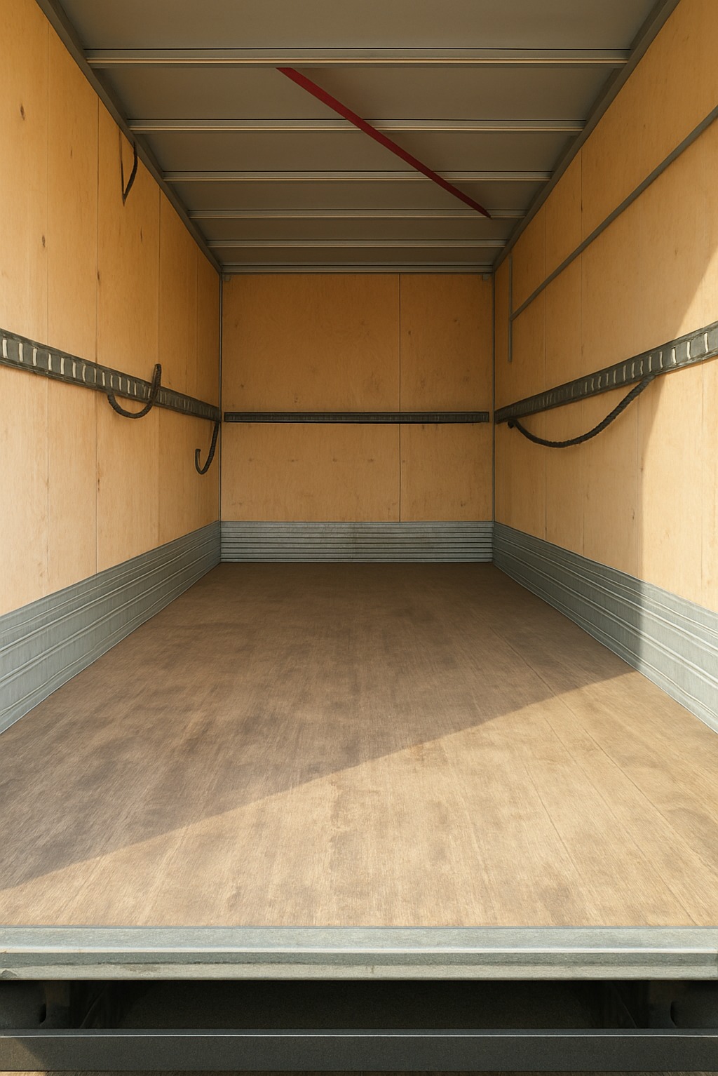 Pusta przestrzeń ładunkowa busa z drewnianą podłogą, metalowymi listwami mocującymi i hakami po bokach, gotowa do załadunku towarów.