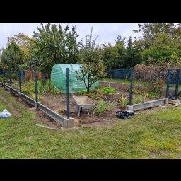 Sebastian Drejka - Wykopane fundamenty pod ogrodzenie panelowe z podmurówką prefabrykowaną. Widoczna taczka i szklarnia w tle. Prace ziemne w ogrodzie na etapie budowy ogrodzenia.