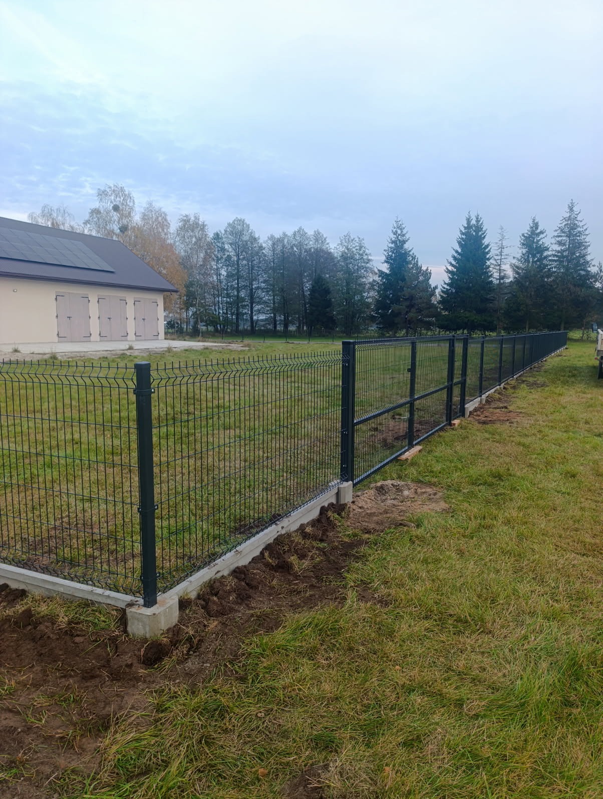 Nowoczesne ogrodzenie panelowe z podmurówką betonową, widoczne na tle zielonego trawnika i drzew. Słupki w kolorze grafitowym. Widok z perspektywy ziemi.