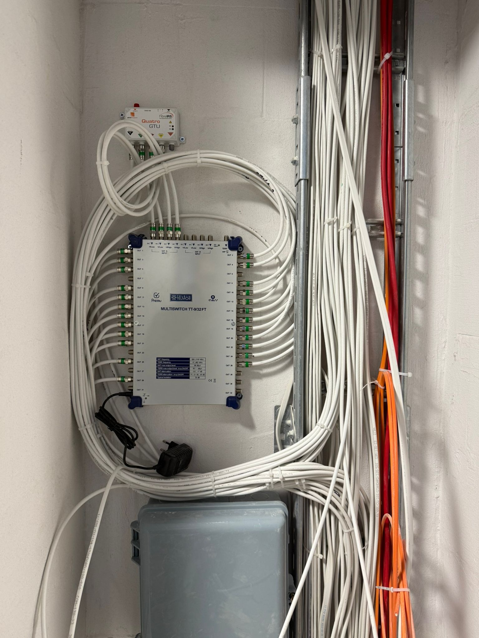 Rozdzielnia multiswitch TT-9/32FT z licznymi kablami koncentrycznymi, zainstalowana na ścianie. Widoczne także zasilacze i listwy montażowe.