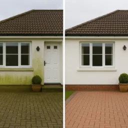 Porównanie elewacji domu i kostki brukowej przed i po czyszczeniu, widoczne usunięcie zielonego nalotu i przywrócenie pierwotnego koloru.