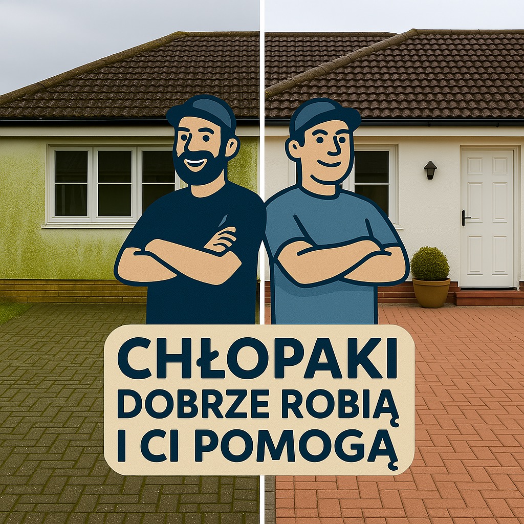 Grafika porównująca stan elewacji i kostki brukowej przed i po czyszczeniu, z dwoma postaciami z kreskówki i napisem 'Chłopaki dobrze robią i Ci pomogą'.