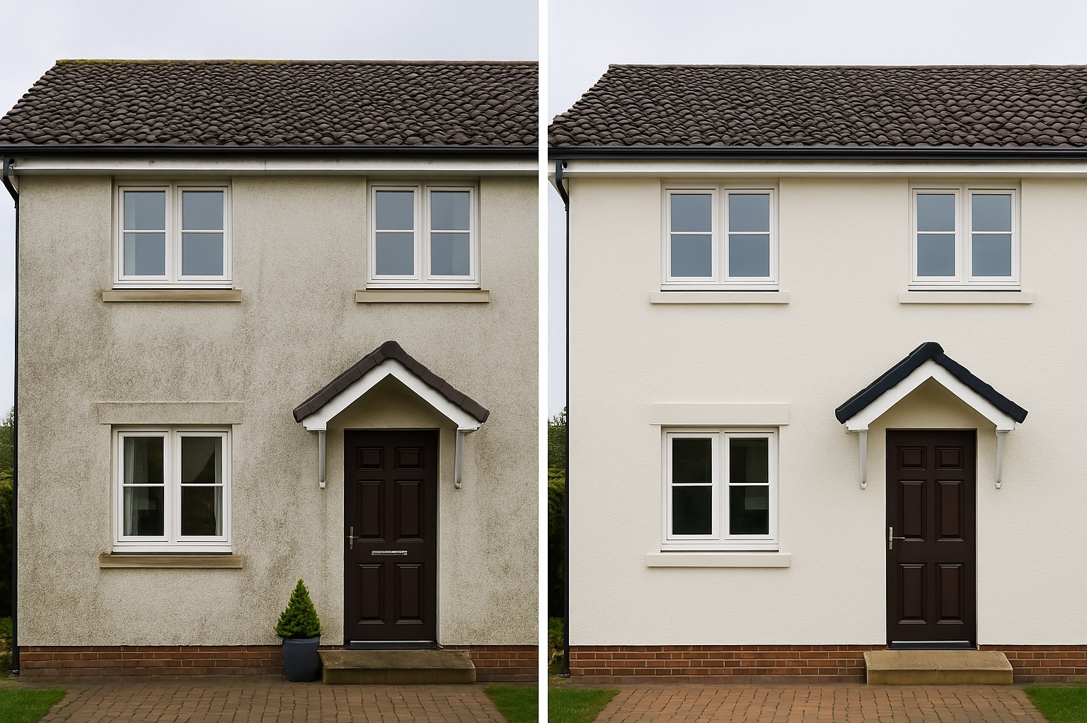 Dom jednorodzinny przed i po odświeżeniu elewacji, widoczna różnica w kolorze i czystości ścian.