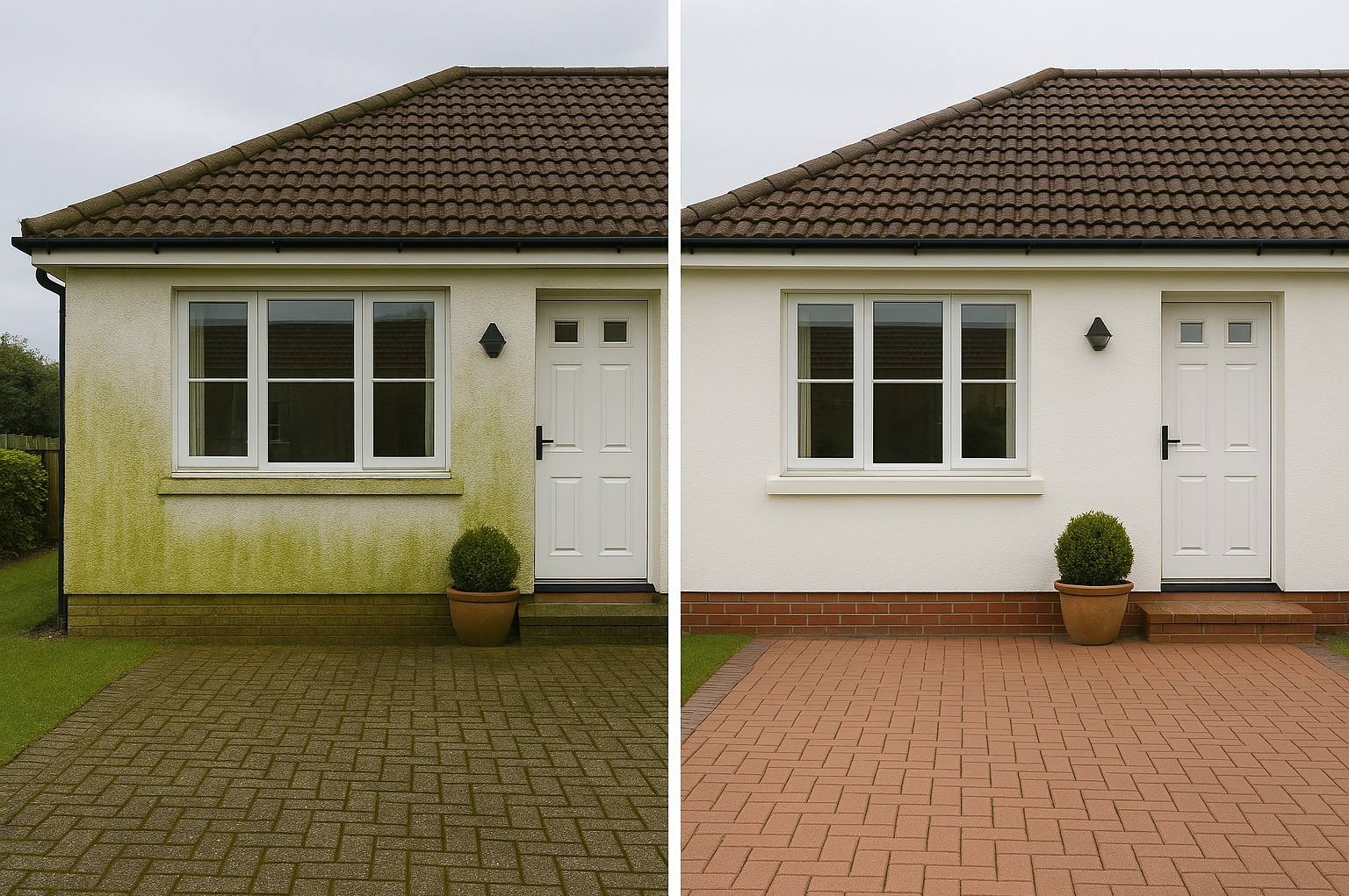 Porównanie elewacji domu i kostki brukowej przed i po czyszczeniu, widoczne usunięcie zielonego nalotu i przywrócenie pierwotnego koloru.