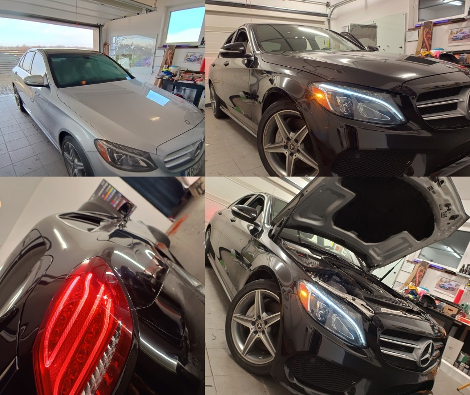Cztery ujęcia Mercedesa-Benz W205 przed i po oklejeniu folią w kolorze czarnym: srebrny samochód przed zmianą, zbliżenie na tylną lampę w czarnym połysku, przód z otwartą maską oraz widok z boku...