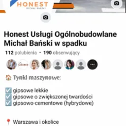 Zdjęcie z ekranu telefonu prezentujące profil firmy budowlanej Honest Usługi Ogólnobudowlane z Warszawy, specjalizującej się w tynkach maszynowych gipsowych, lekkich, o zwiększonej twardości...