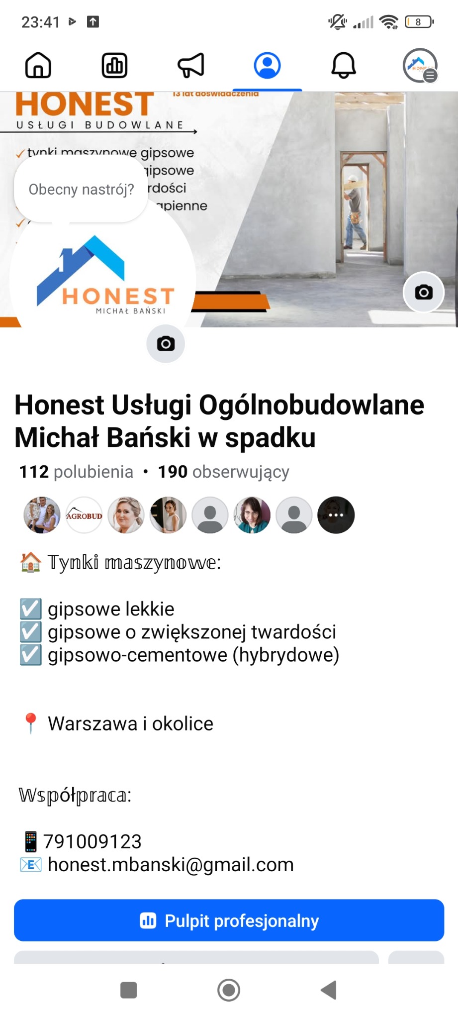 Zdjęcie z ekranu telefonu prezentujące profil firmy budowlanej Honest Usługi Ogólnobudowlane z Warszawy, specjalizującej się w tynkach maszynowych gipsowych, lekkich, o zwiększonej twardości...