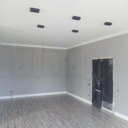 Builder - Szare, odnowione wnętrze z panelami podłogowymi, ozdobnymi listwami i przygotowaną do malowania ścianą z czarnymi, minimalistycznymi lampami sufitowymi i zabezpieczonymi folią drzwiami.