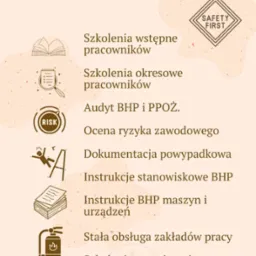 Grafika reklamowa Tatrzańskiego Centrum BHP z listą oferowanych usług, takich jak audyt BHP, ocena ryzyka zawodowego, szkolenia wstępne i okresowe pracowników, instrukcje stanowiskowe oraz obsługa...