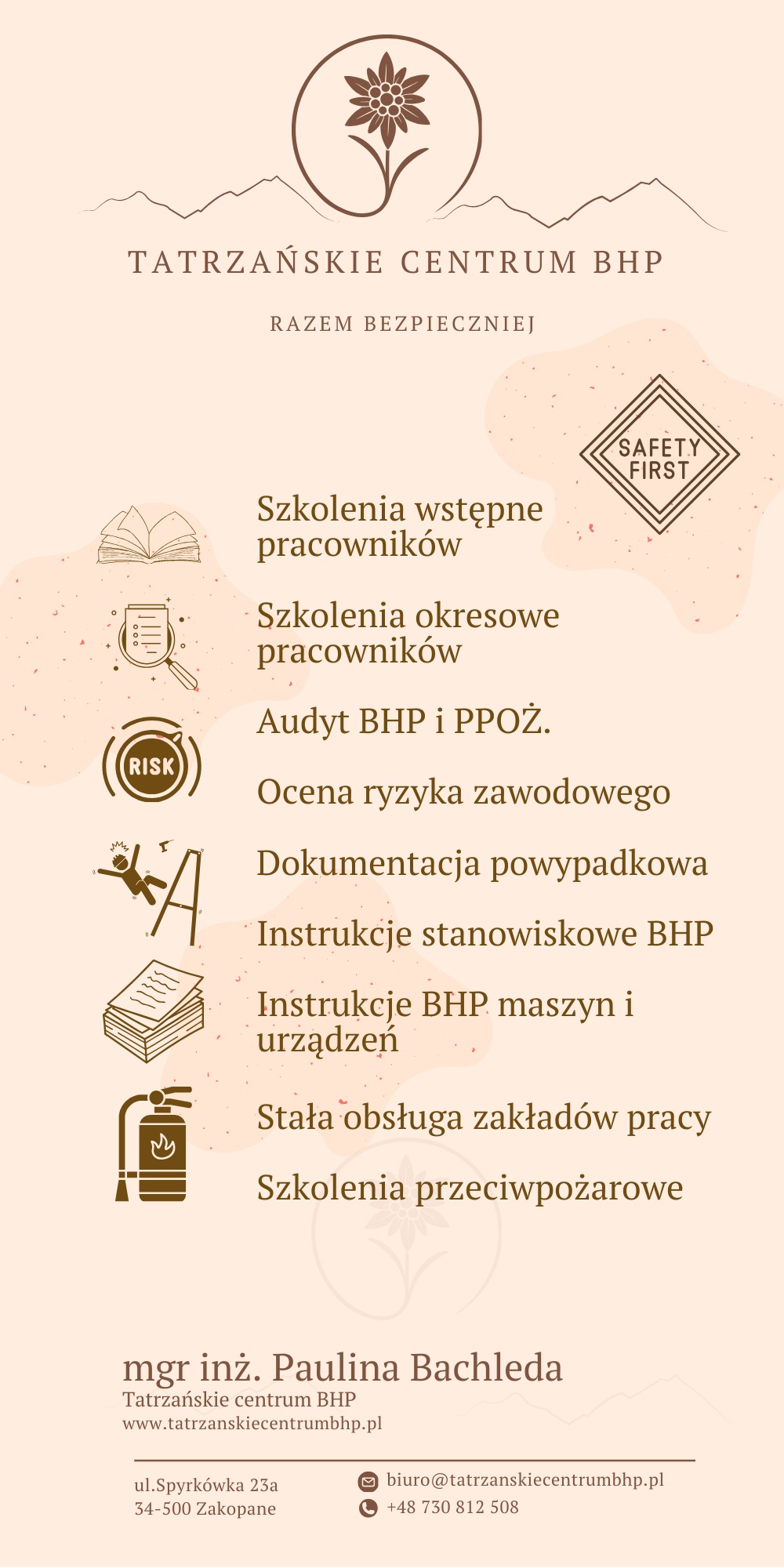 Grafika reklamowa Tatrzańskiego Centrum BHP z listą oferowanych usług, takich jak audyt BHP, ocena ryzyka zawodowego, szkolenia wstępne i okresowe pracowników, instrukcje stanowiskowe oraz obsługa...
