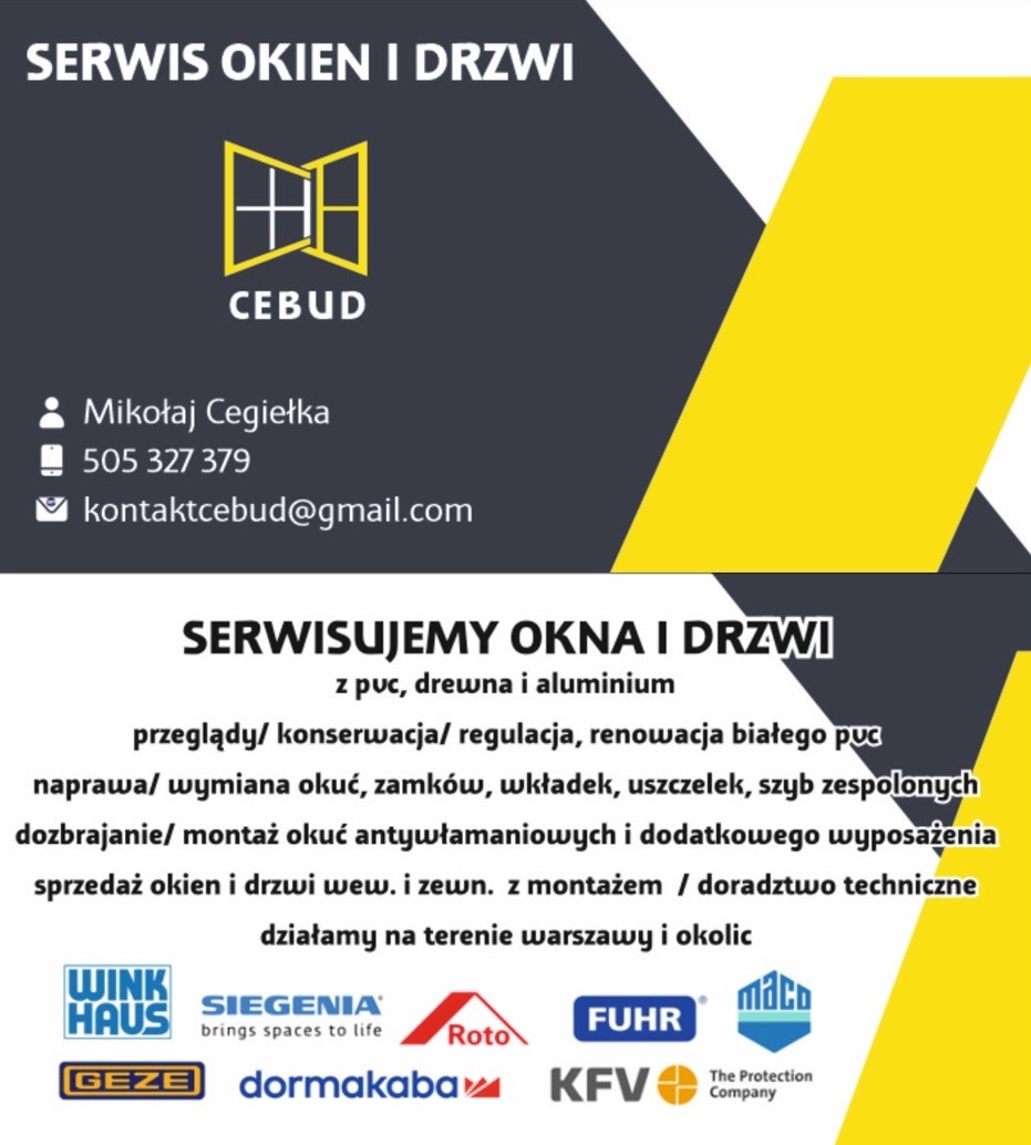 Wizytówka firmy Cebud oferującej serwis okien i drzwi z PVC, drewna i aluminium. Przeglądy, naprawy, wymiana okuć, montaż, sprzedaż. Działamy w Warszawie i okolicach.