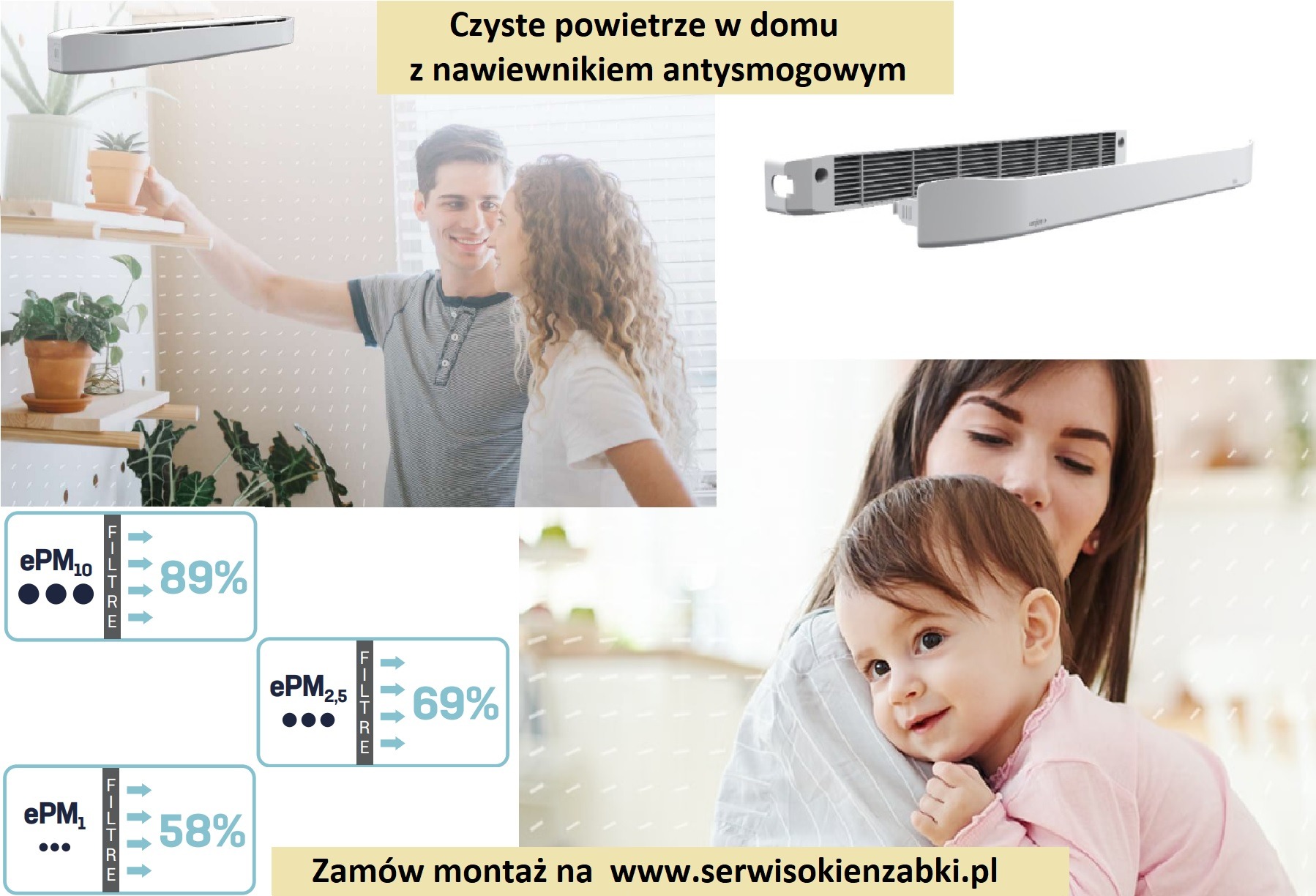 Nawiewnik antysmogowy montowany w oknie, zapewniający czyste powietrze w domu. Montaż w Ząbkach. Filtracja ePM10, ePM2.5 i ePM1. Rodzina w tle.