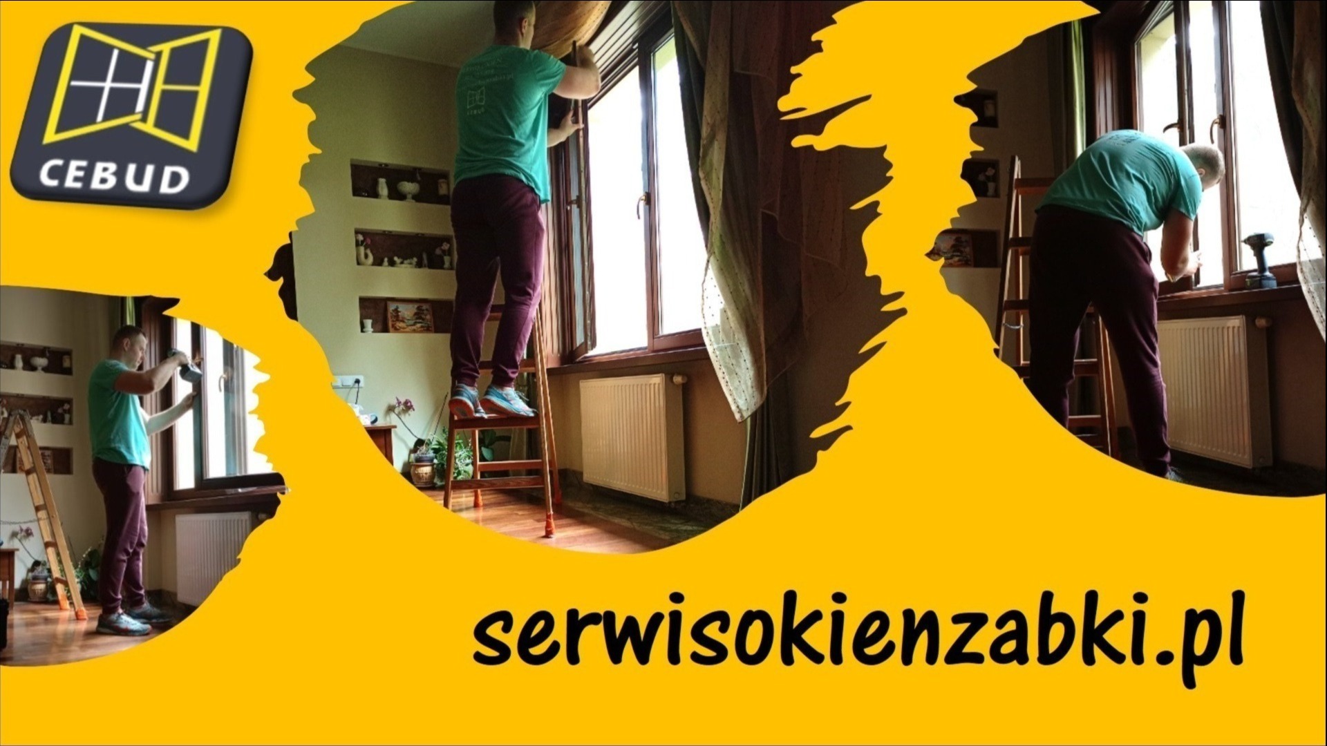 Serwisant na drabinie reguluje okno z brązową ramą. Widoczne narzędzia i grzejnik. Ujęcie z wnętrza mieszkania, z logo firmy i adresem strony www.