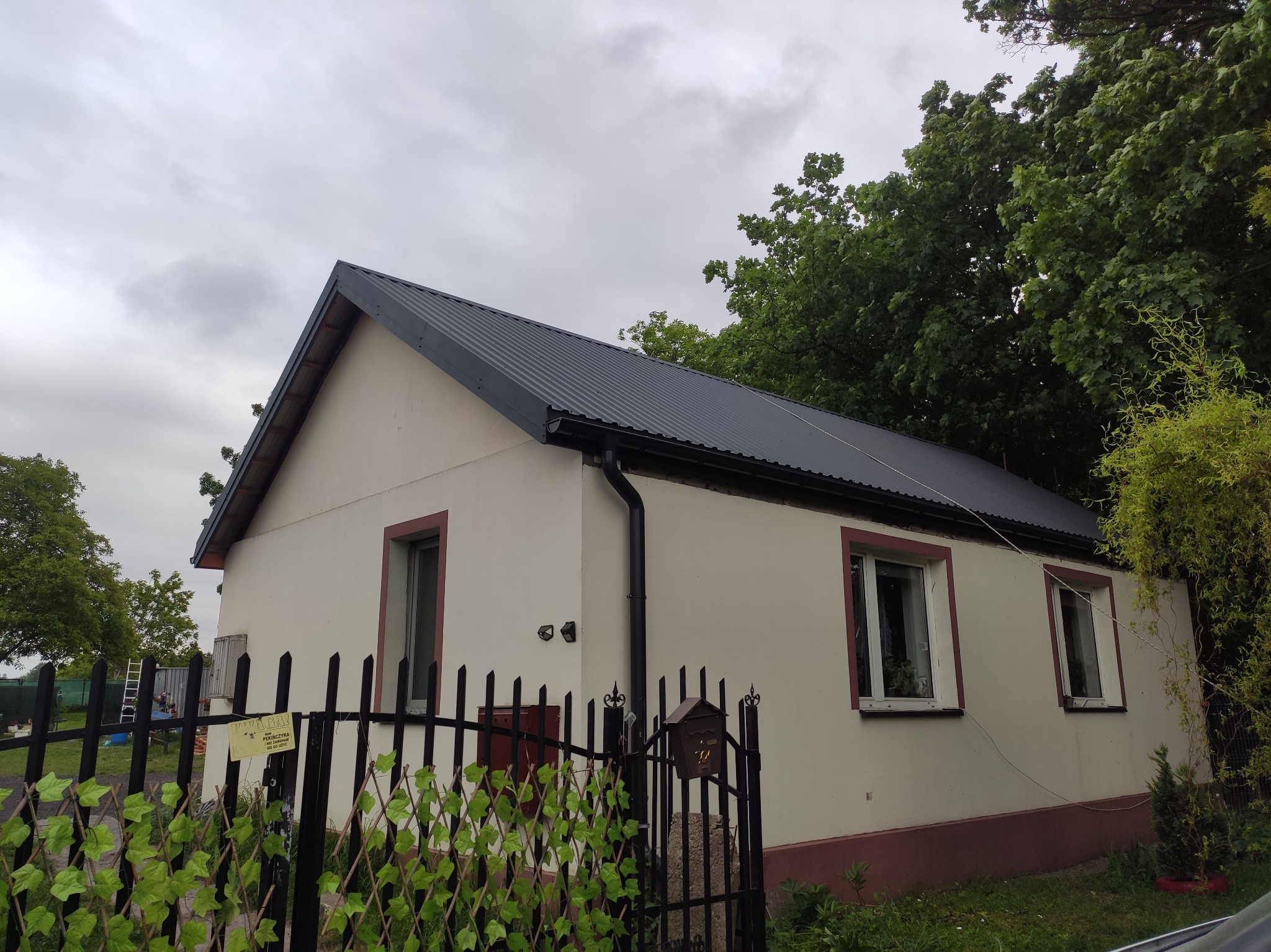 Dom jednorodzinny z nowym, grafitowym dachem z blachy trapezowej, widok zza czarnego, metalowego ogrodzenia z dekoracją z sztucznych liści.