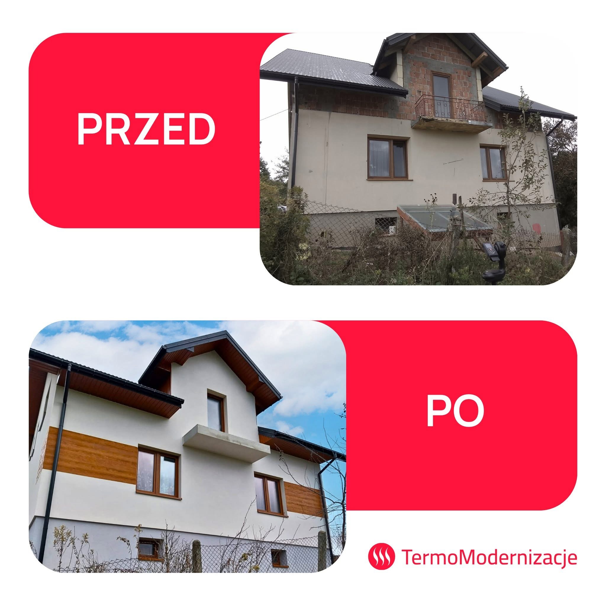 Porównanie elewacji domu przed i po termomodernizacji. Widoczne zmiany w ociepleniu, kolorystyce i wykończeniu. Ujęcie z poziomu gruntu, z logo firmy TermoModernizacje.
