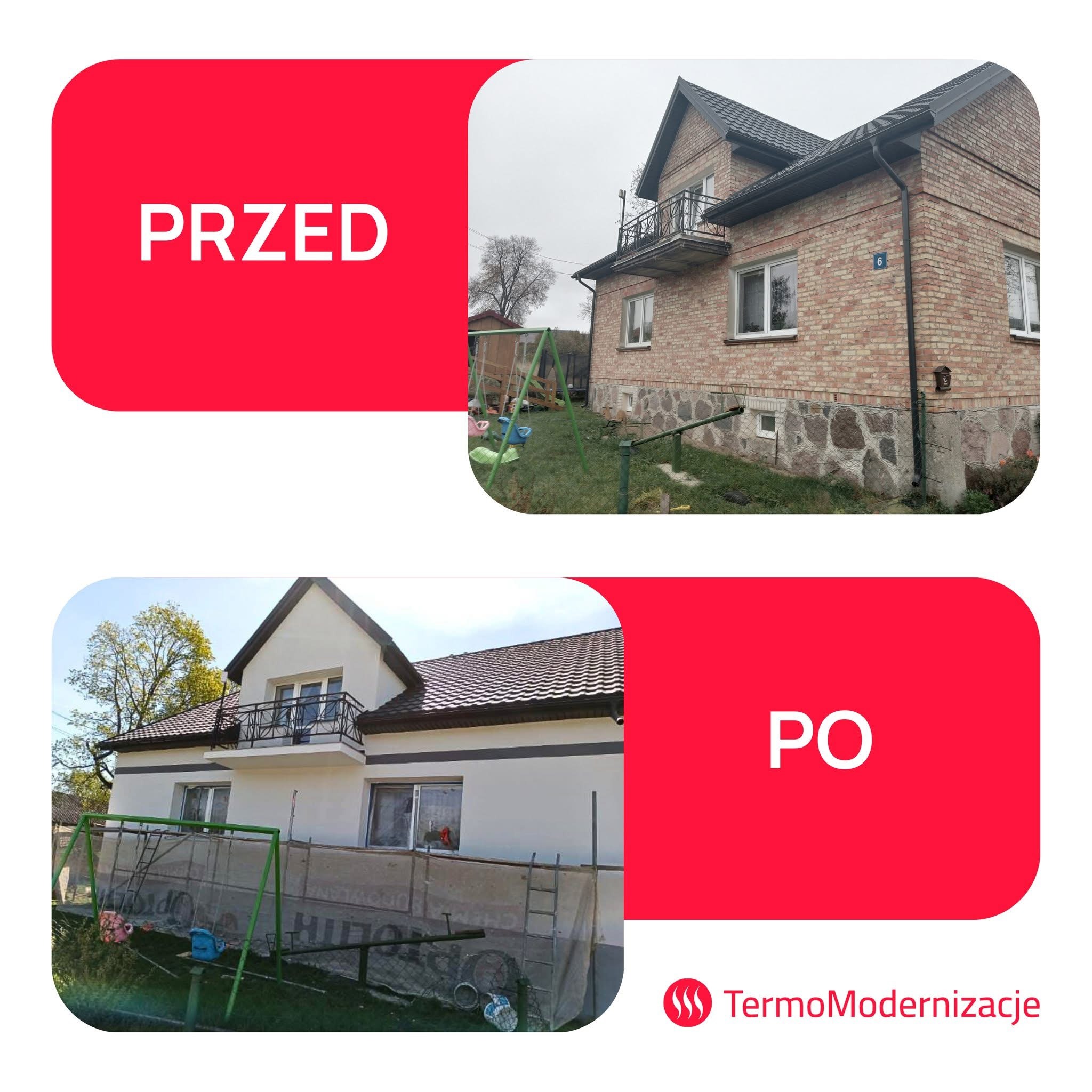 Dom przed i po ociepleniu elewacji. Część 'przed' ukazuje ceglany budynek, a 'po' - budynek z jasną elewacją. Widoczne rusztowania i logo firmy.