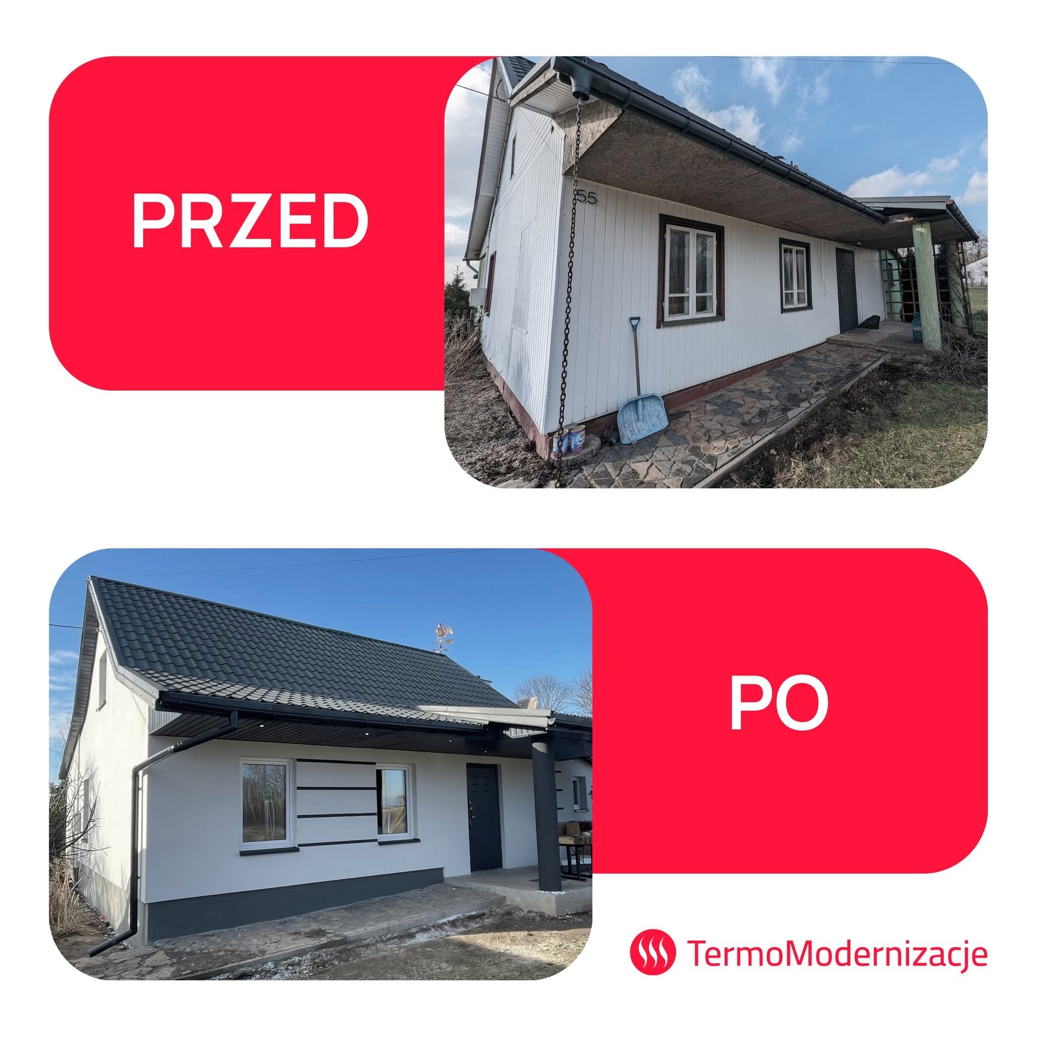 Dom przed i po termomodernizacji: ocieplona elewacja, nowy dach i okna. Widoczne zmiany w kolorystyce i wyglądzie budynku. Ujęcie z boku, w słoneczny dzień.