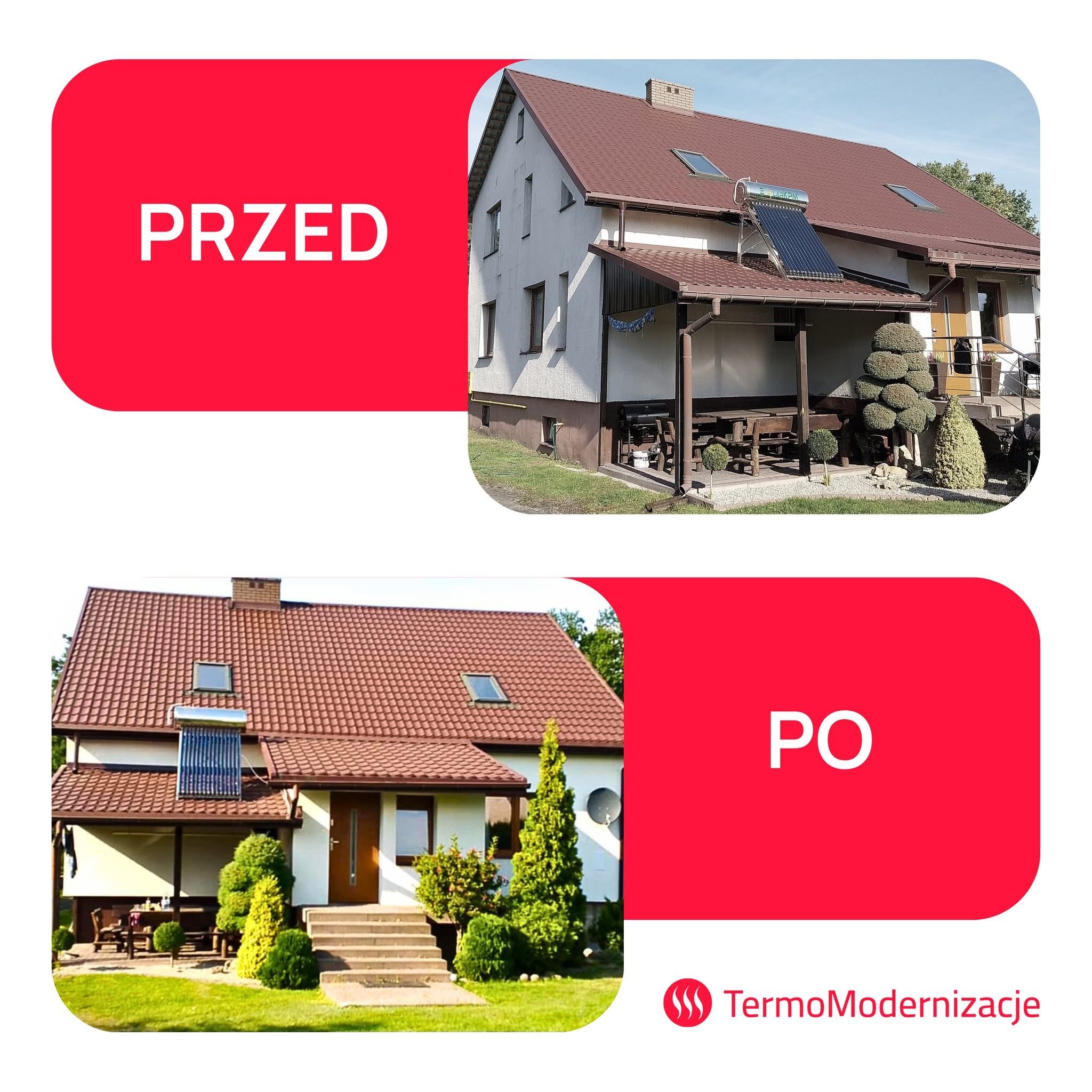 Dom przed i po termomodernizacji z kolektorami słonecznymi na dachu. Widoczne zmiany w elewacji, dachu i otoczeniu. Ujęcie w słoneczny dzień.