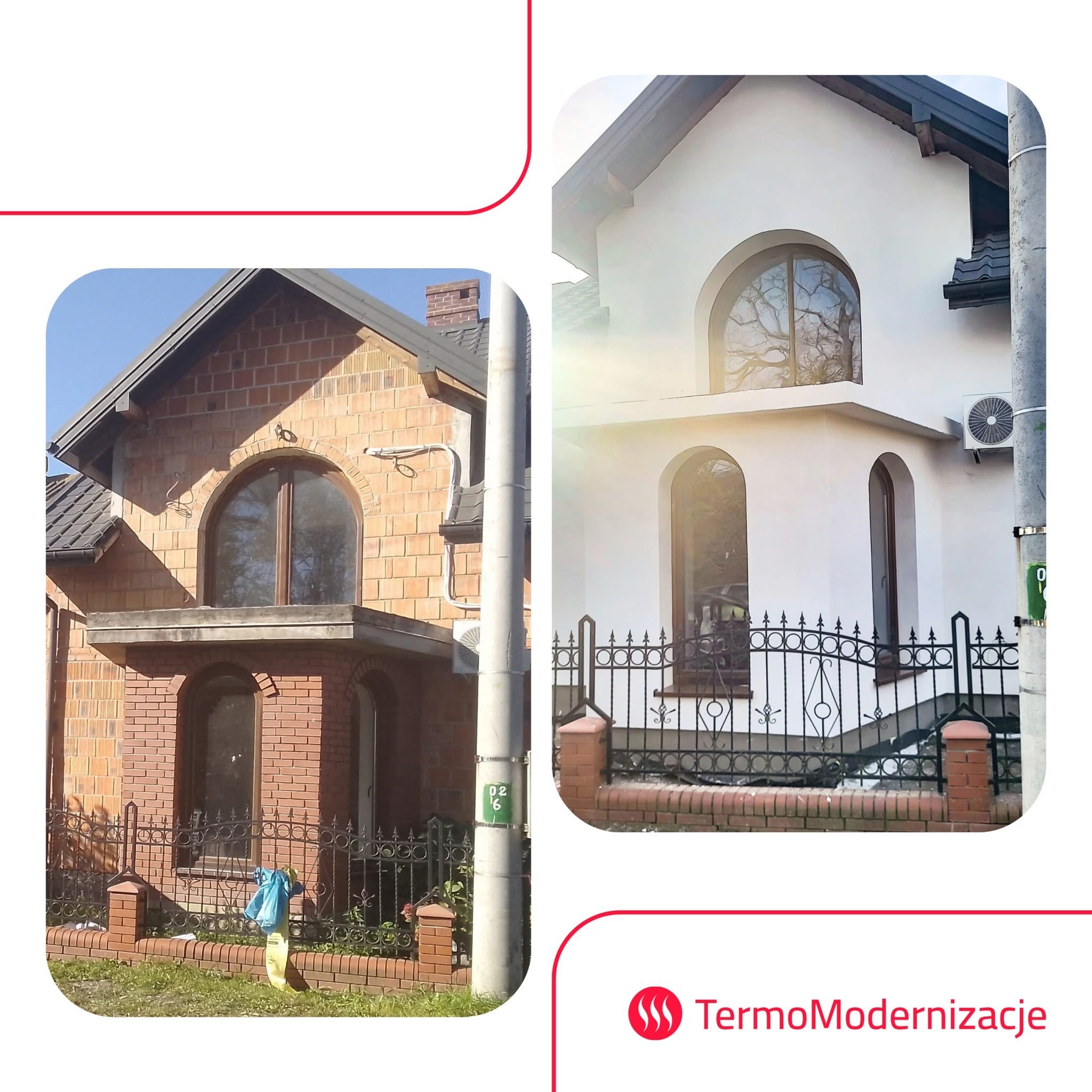 Dom przed i po termomodernizacji: surowa cegła kontra biała elewacja z klimatyzatorem. Widoczne okna łukowe i metalowe ogrodzenie.