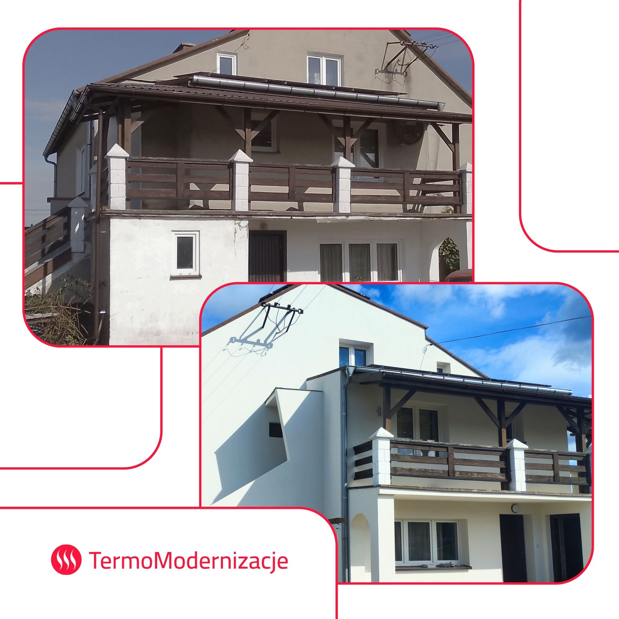 Dwa ujęcia domu przed i po termomodernizacji. Górne zdjęcie pokazuje starszą elewację, dolne - odnowioną, białą elewację z nowym balkonem.