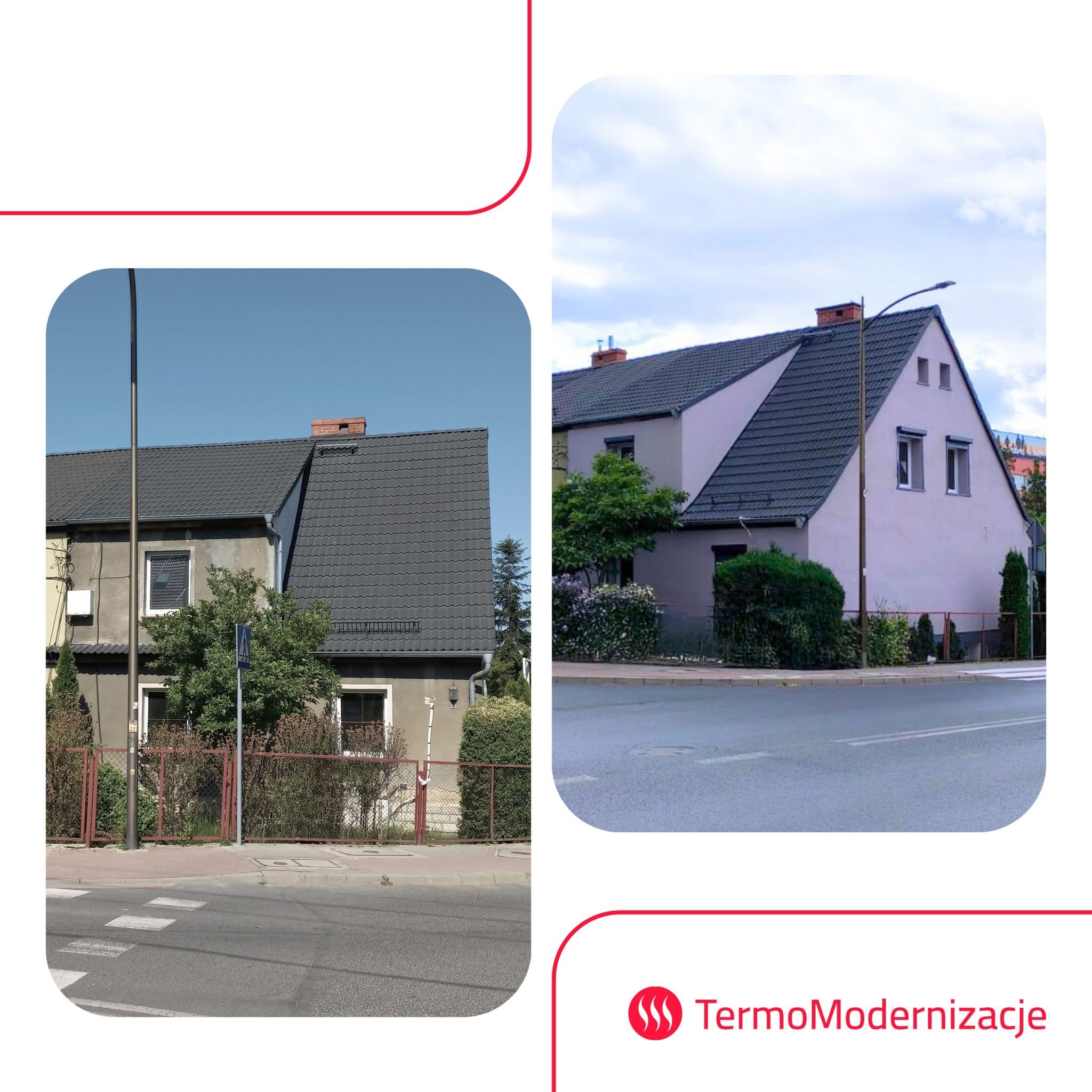 Dom przed i po termomodernizacji, widok z ulicy. Po lewej budynek przed, po prawej po remoncie, z nową elewacją i ociepleniem. Ujęcie w dzień.