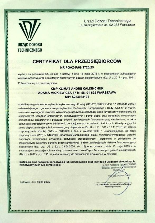 certyfikat f-gaz dla przedsiębiorców