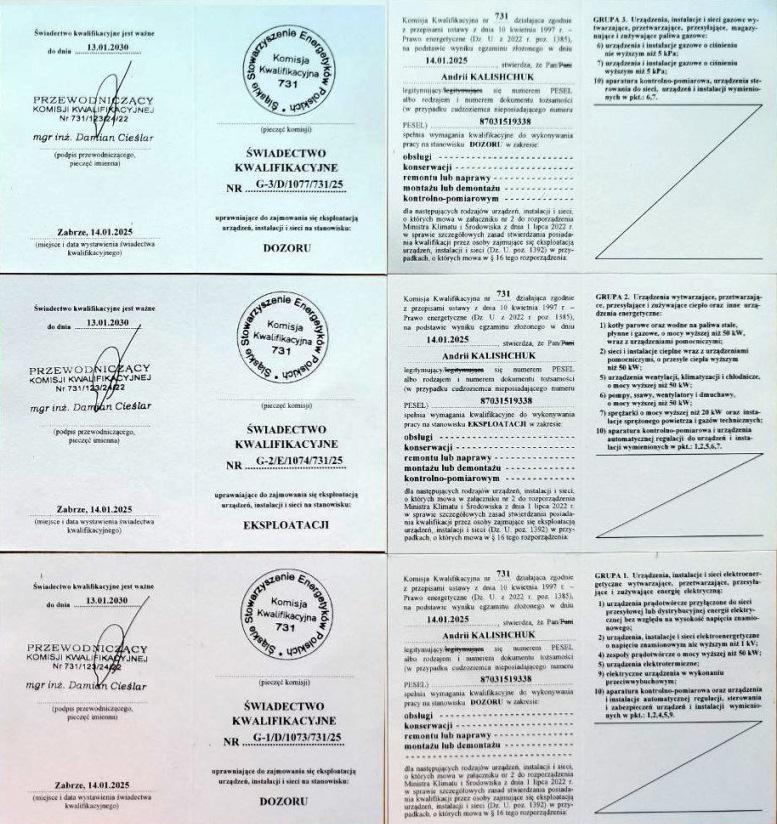 świadectwo kwalifikacyjne G1,G2,G3 eksploatacja