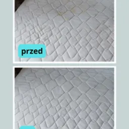 Materac przed i po czyszczeniu, widoczne plamy usunięte. Dwa ujęcia pokazują różnicę w czystości, z naciskiem na efekt po zabiegu.