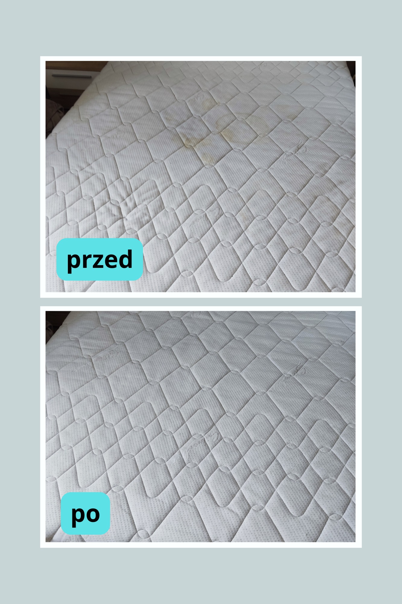 Materac przed i po czyszczeniu, widoczne plamy usunięte. Dwa ujęcia pokazują różnicę w czystości, z naciskiem na efekt po zabiegu.