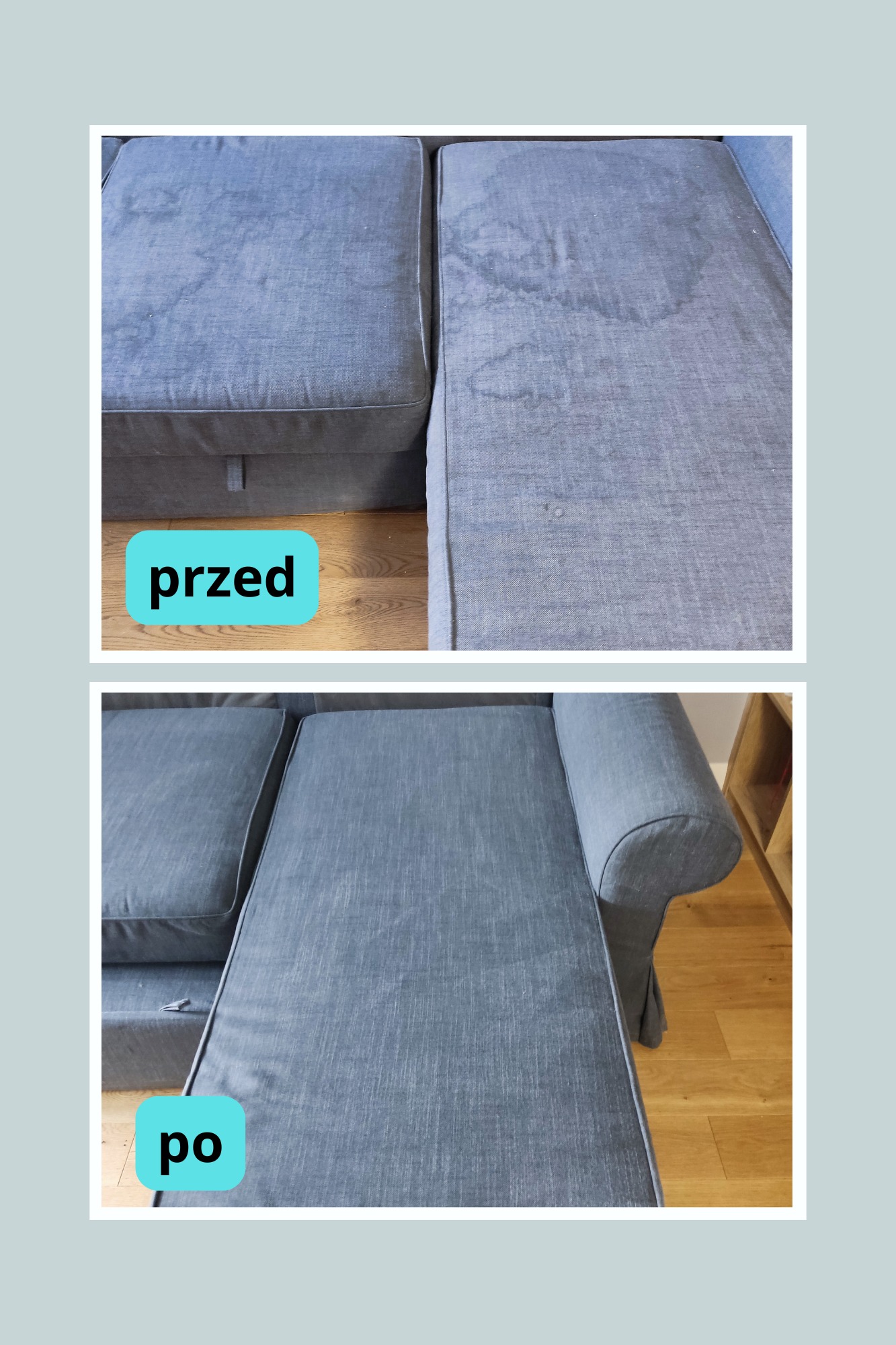 Kanapa narożna przed i po czyszczeniu tapicerki. Na górnym zdjęciu widoczne wyraźne plamy, na dolnym - tapicerka czysta, bez śladów zabrudzeń.