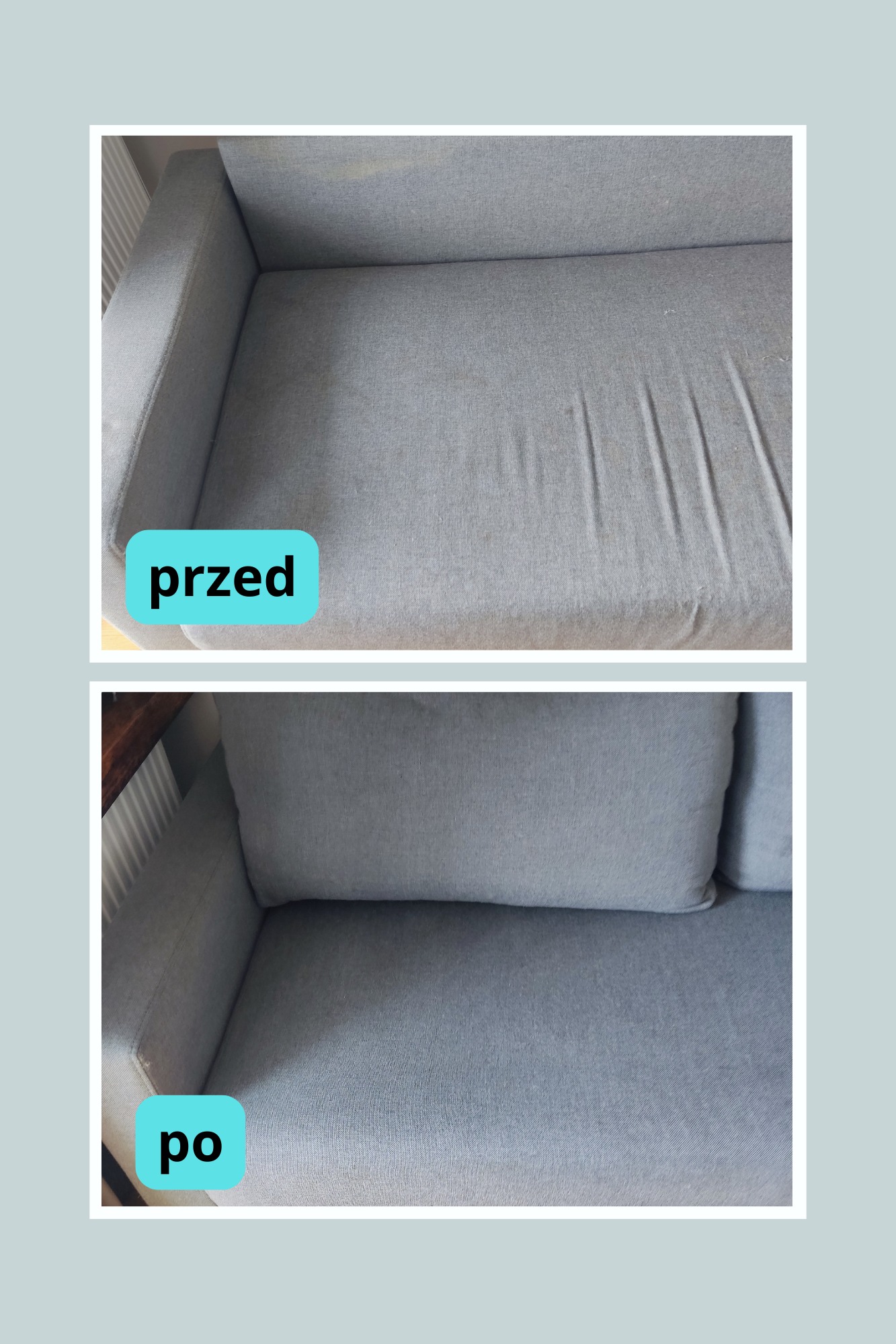 Szara kanapa przed i po praniu. Widoczne różnice w czystości i wyglądzie materiału. Góra - przed, dół - po. Tekstylna tapicerka odzyskuje świeżość.