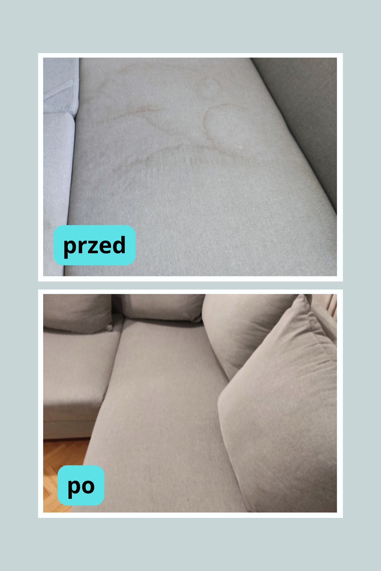 Beżowa kanapa przed i po czyszczeniu. Górny kadr ukazuje plamy, dolny - czystą powierzchnię i poduszki. Widoczne drewniane elementy podłogi.