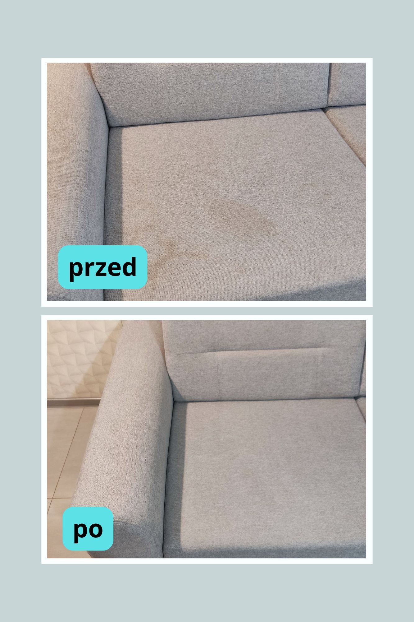 Szara kanapa: widok 'przed' z plamami i 'po' czyszczeniu, ukazujący wyraźną różnicę w czystości tapicerki. Efekt prania.