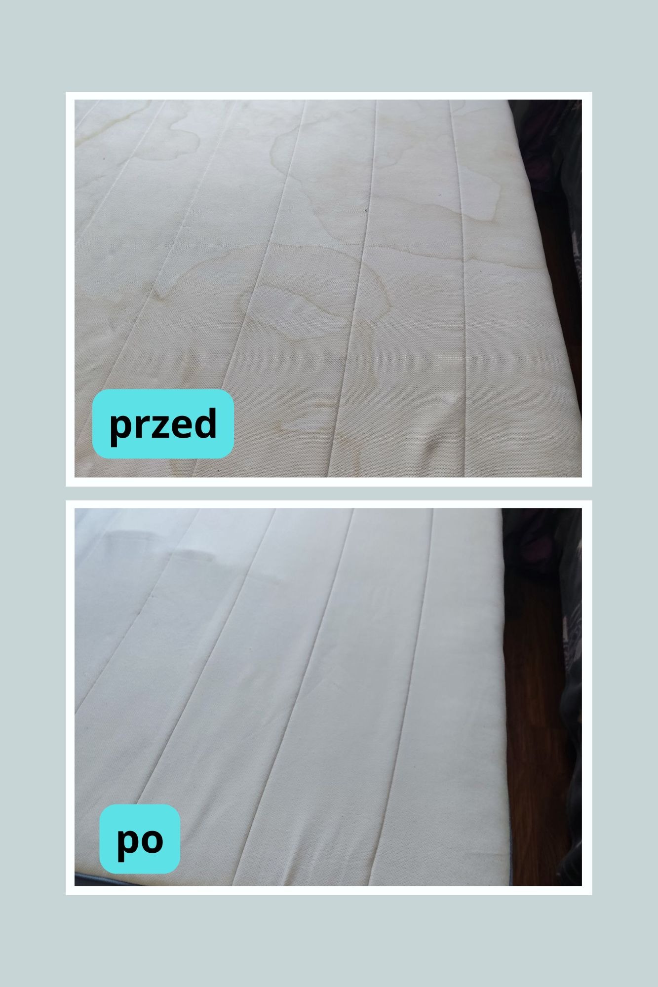 Materac z plamami 'przed' i czysty 'po' praniu. Widoczne różnice w wyglądzie, ukazujące efekt usługi czyszczenia. Jasne tło.