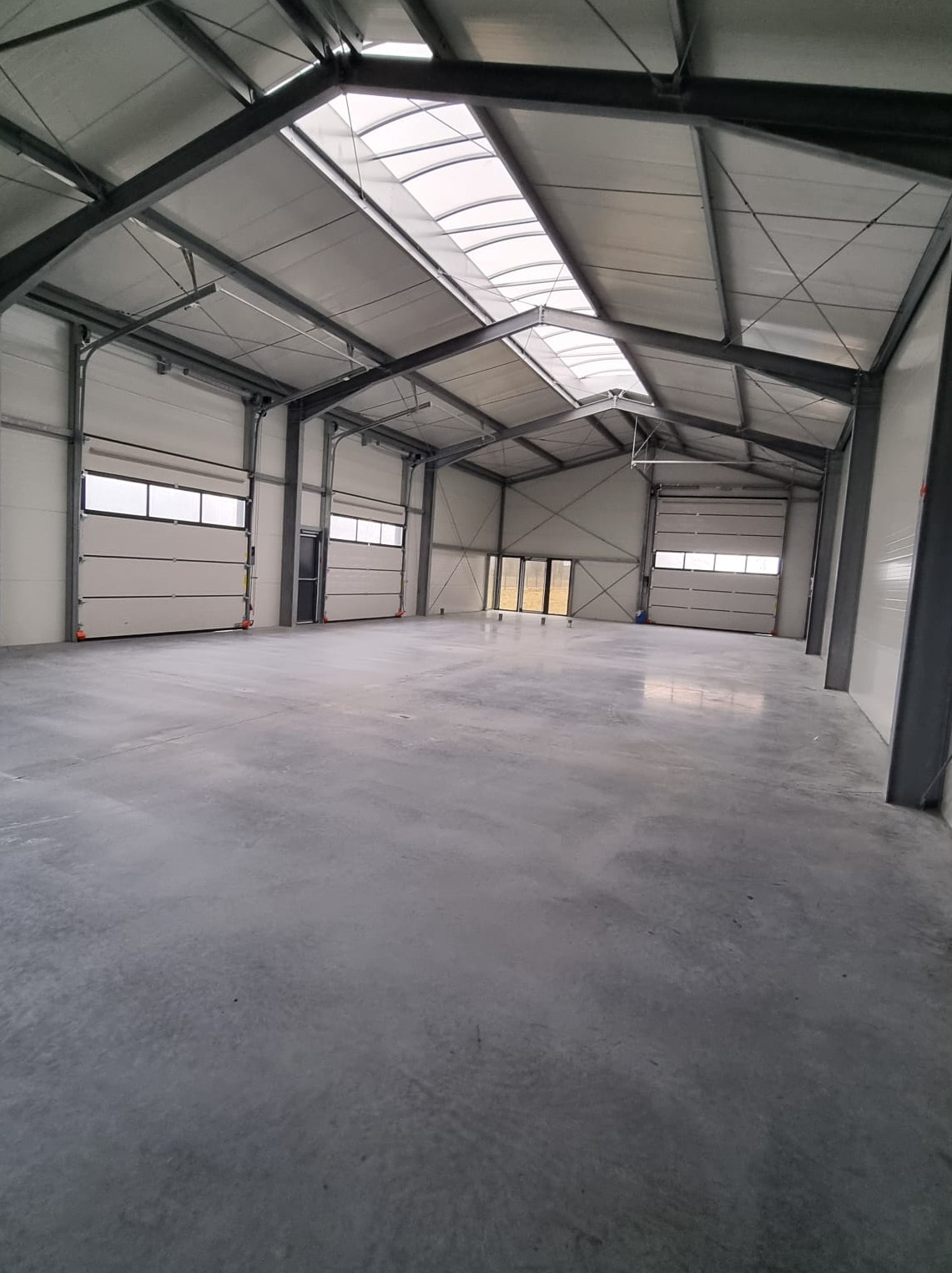 Wnętrze pustej hali magazynowej z trzema bramami segmentowymi i świetlikiem dachowym, widok z rogu hali.