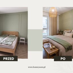 Homey Aura Paulina Kotyrba - Sypialnia w odcieniach zieleni przed i po home stagingu: po lewej surowy pokój z minimalistycznym łóżkiem, po prawej przytulna aranżacja z dekoracyjną lampą i tekstyliami.