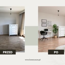 Homey Aura Paulina Kotyrba - Pokój przed i po metamorfozie: po lewej puste wnętrze z komodą, po prawej biurko, krzesło, roślina i dekoracje.
