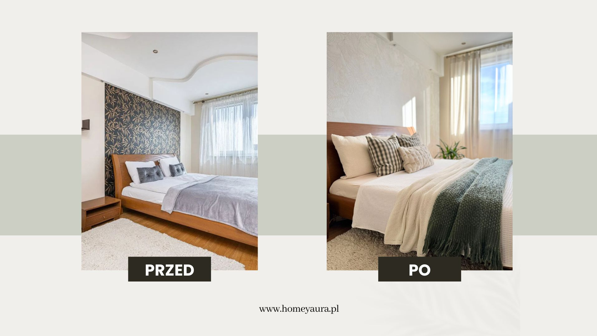 Porównanie aranżacji sypialni przed i po: ciemna tapeta w liście kontra jasna ściana, szary pled kontra zielony koc z frędzlami, minimalistyczny stolik nocny kontra roślina doniczkowa.