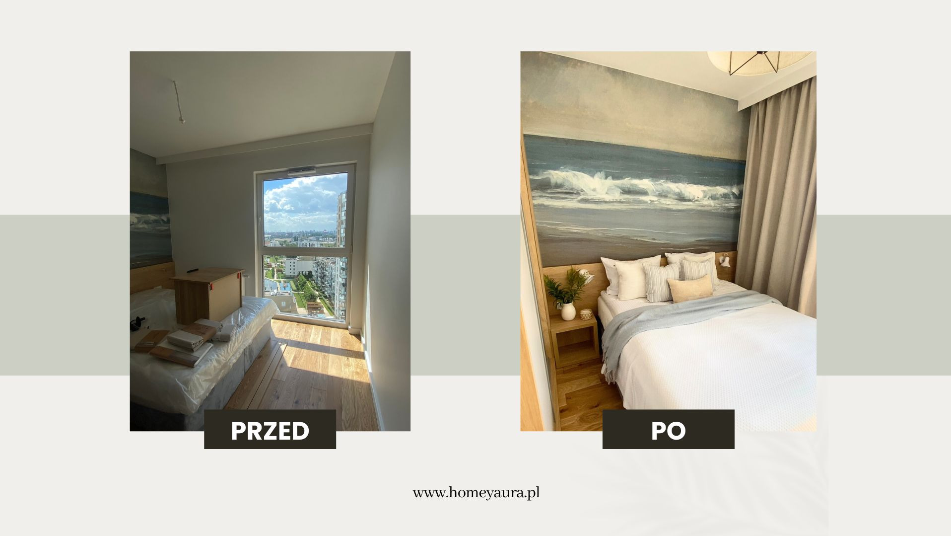 Porównanie 'przed' i 'po' aranżacji sypialni w Gdyni: surowy pokój z widokiem na miasto kontra przytulne wnętrze z łóżkiem, obrazem z motywem morza i drewnianymi szafkami nocnymi.